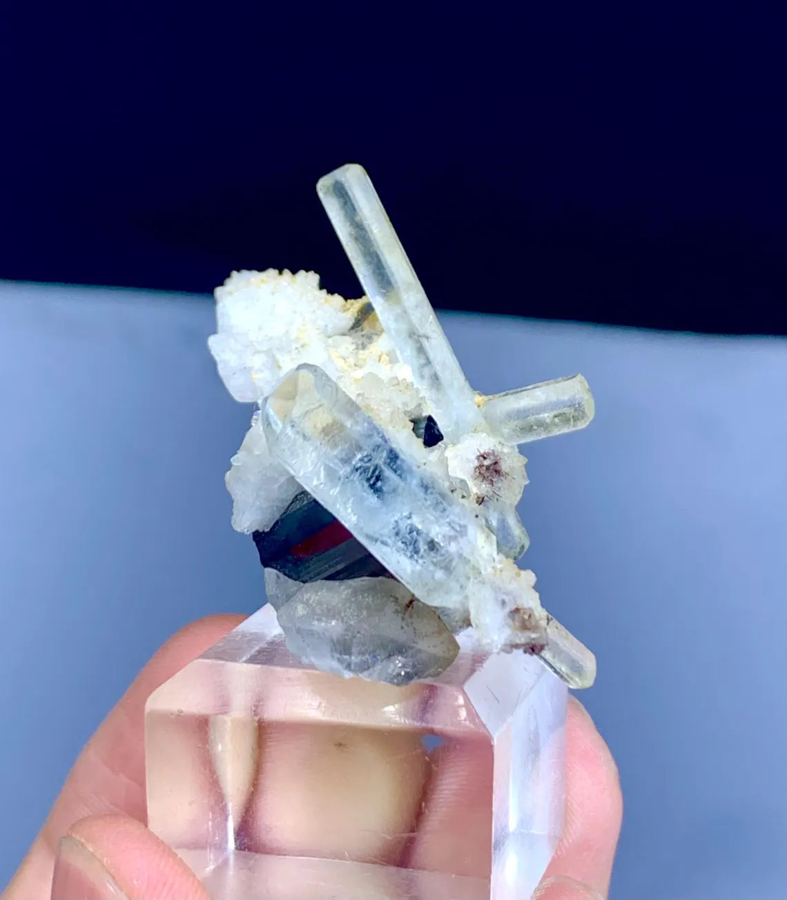 Transparent Blue Aquamarine Crystals with Schorl on Albite from Pakistan - 16 gram