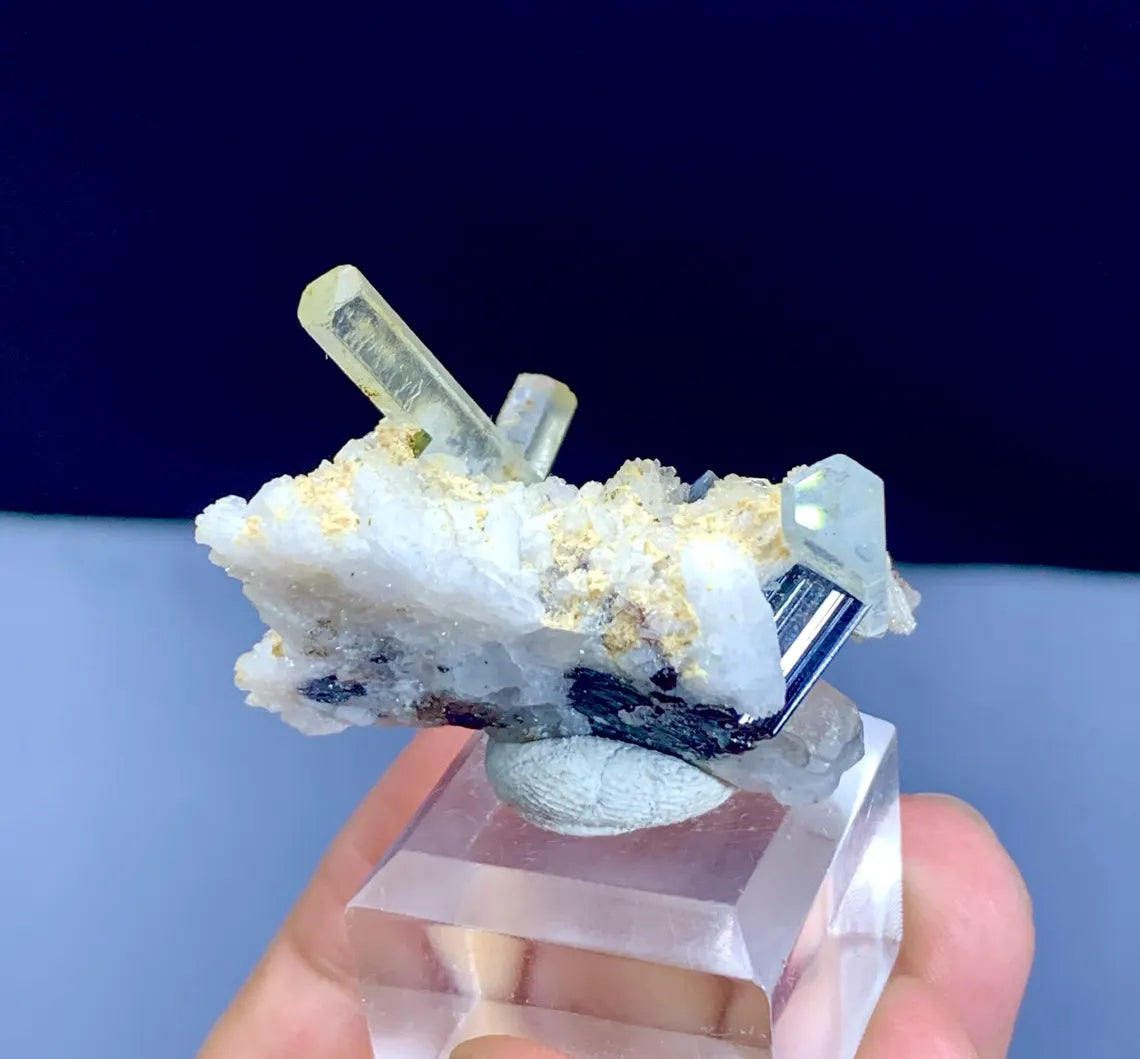 Transparent Blue Aquamarine Crystals with Schorl on Albite from Pakistan - 16 gram