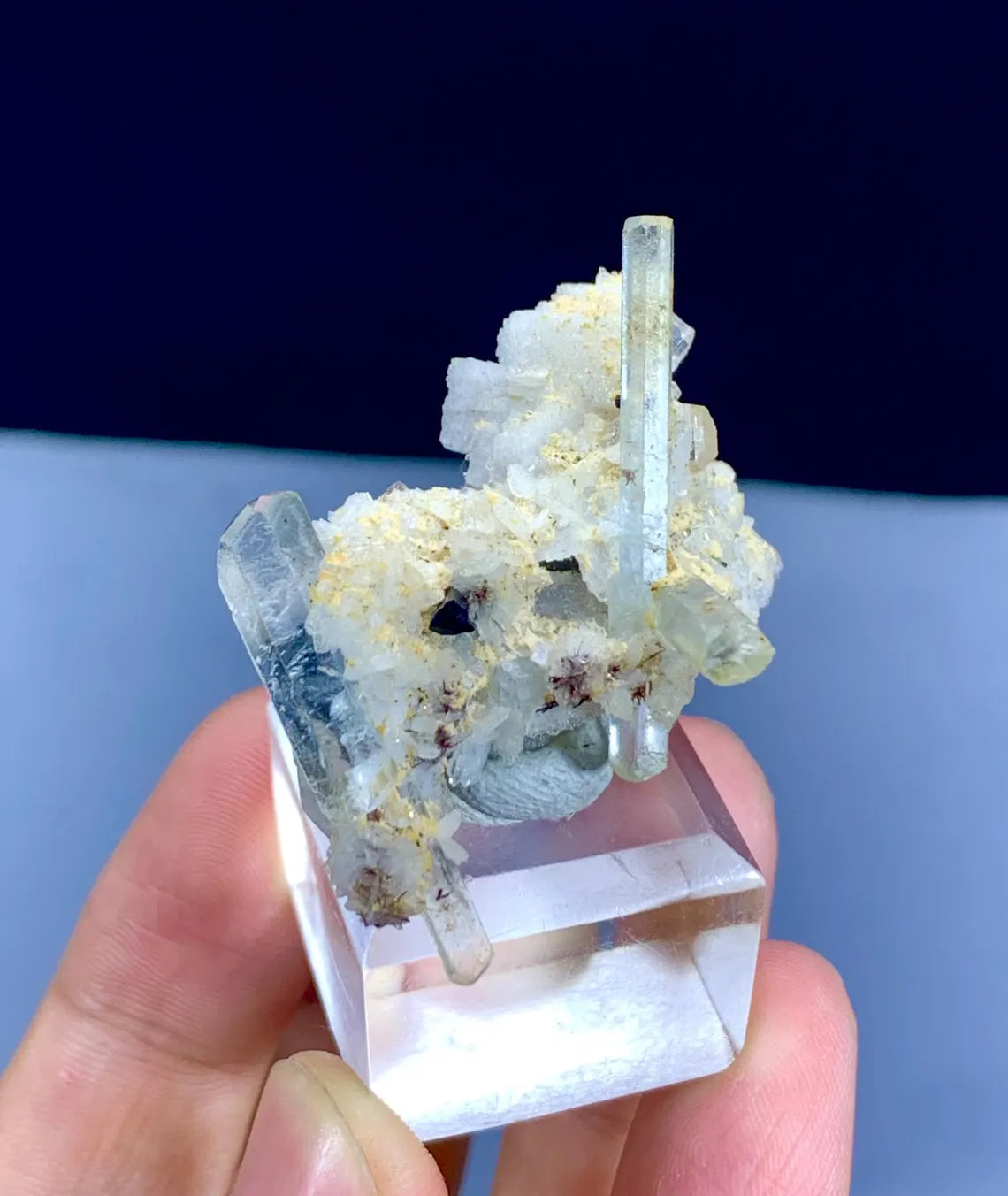 Transparent Blue Aquamarine Crystals with Schorl on Albite from Pakistan - 16 gram