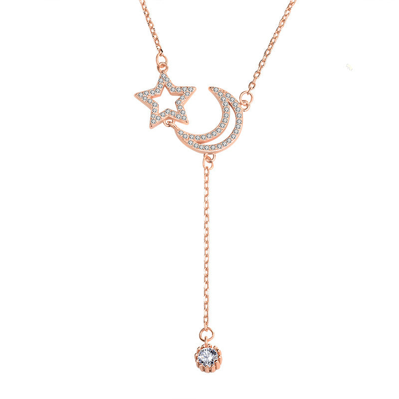 Friend's CZ Hollow Crescent Moon Star Tassels 925 Sterling Silver Necklace