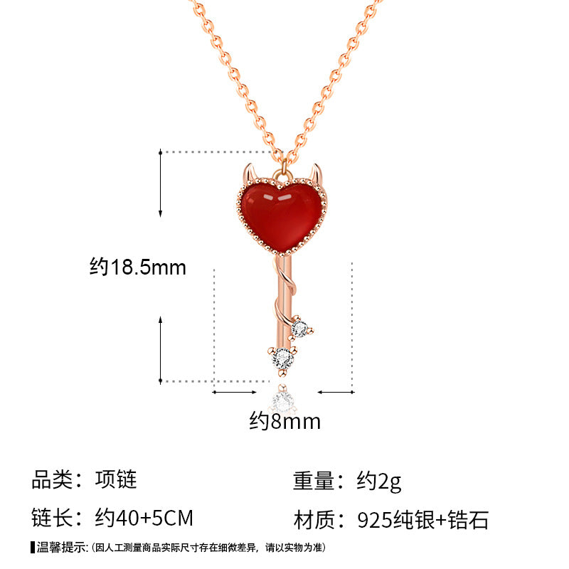 Party Red CZ Demon Heart Key 925 Sterling Silver Necklace