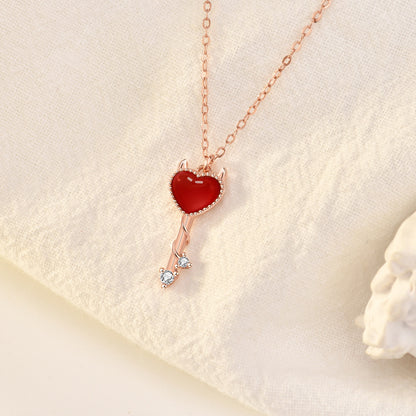 Party Red CZ Demon Heart Key 925 Sterling Silver Necklace