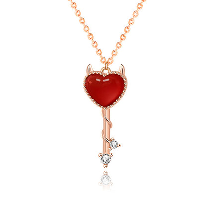 Party Red CZ Demon Heart Key 925 Sterling Silver Necklace