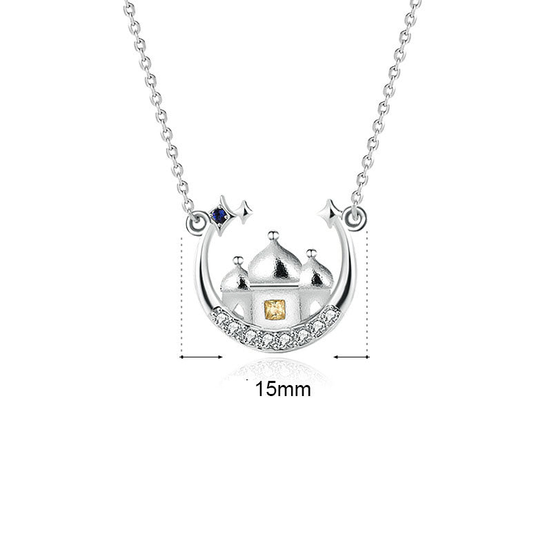 Women CZ Star Moon Castle 925 Sterling Silver Necklace