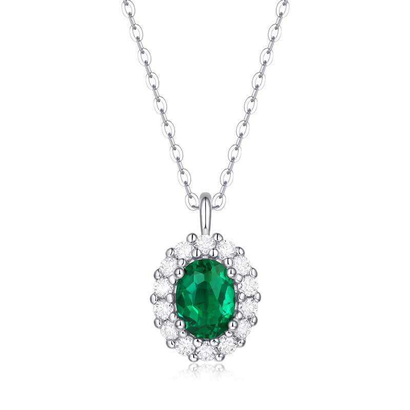 Women Fashion Oval Flower Created Emerald 925 Sterling Silver Necklace