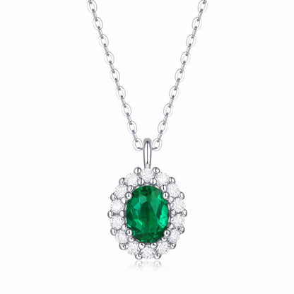 Women Fashion Oval Flower Created Emerald 925 Sterling Silver Necklace