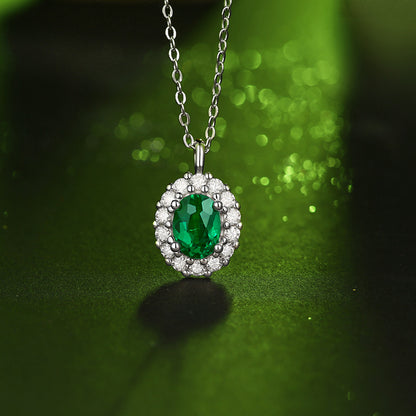 Women Fashion Oval Flower Created Emerald 925 Sterling Silver Necklace