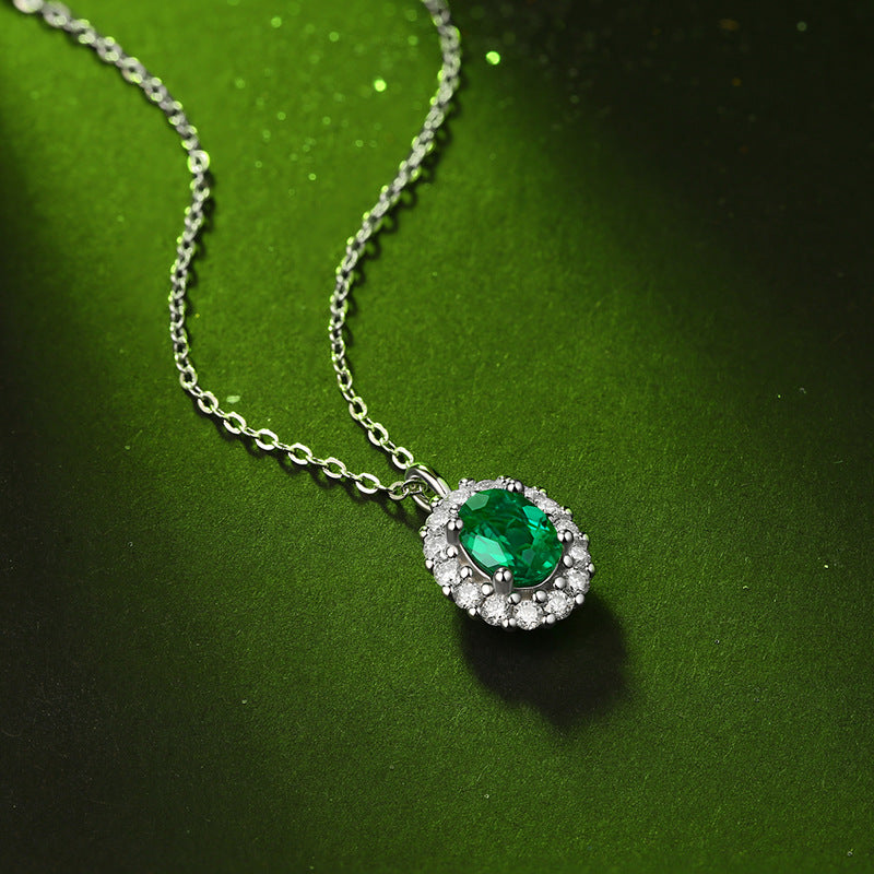 Women Fashion Oval Flower Created Emerald 925 Sterling Silver Necklace