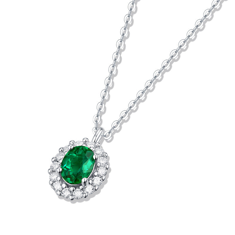 Women Fashion Oval Flower Created Emerald 925 Sterling Silver Necklace