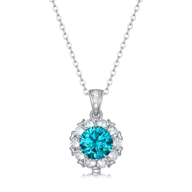 Elegant Blue Moissanite CZ Heart Border 925 Sterling Silver Necklace