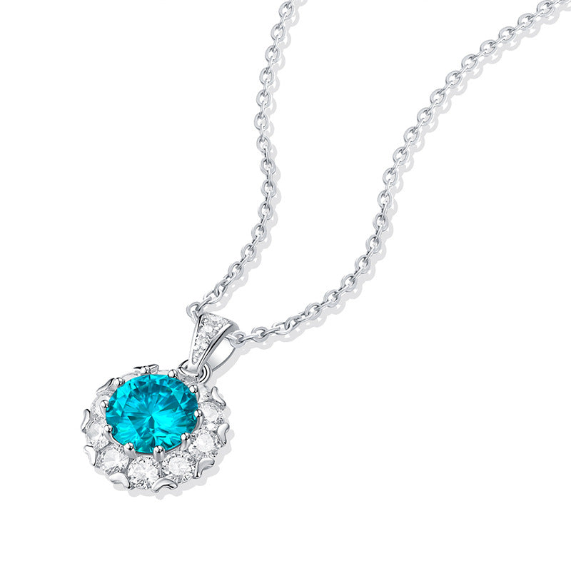 Elegant Blue Moissanite CZ Heart Border 925 Sterling Silver Necklace