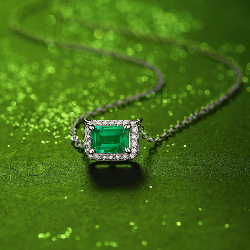 Fashion Elegant Created Emerald Baguette Geometry CZ 925 Sterling Silver Necklace