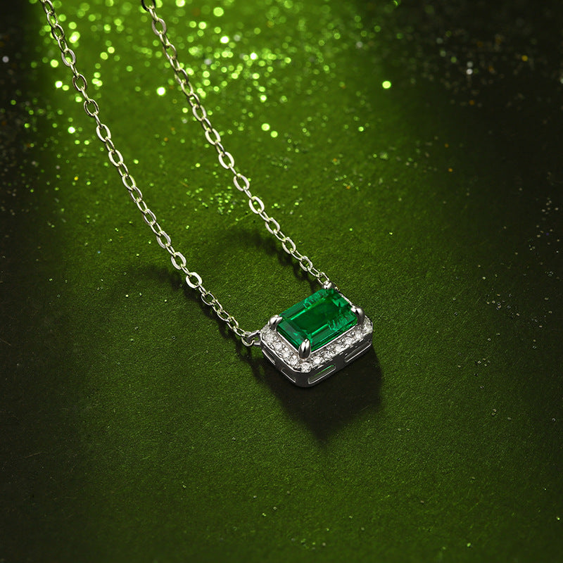 Fashion Elegant Created Emerald Baguette Geometry CZ 925 Sterling Silver Necklace