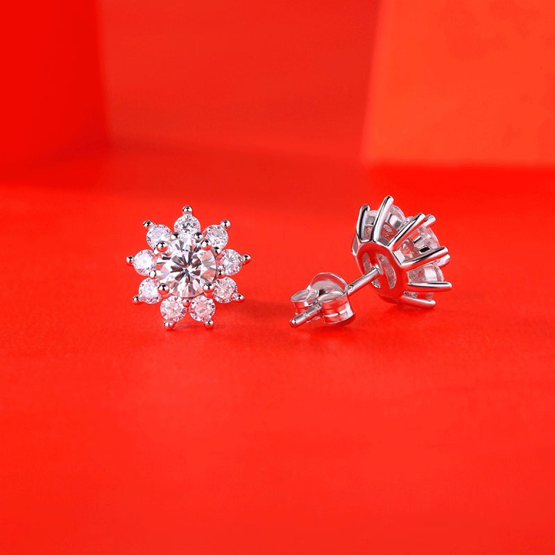 Sweet Moissanite CZ Sunflower 925 Sterling Silver Stud Earrings