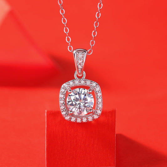 Anniversary Moissanite CZ Hollow Square 925 Sterling Silver Necklace