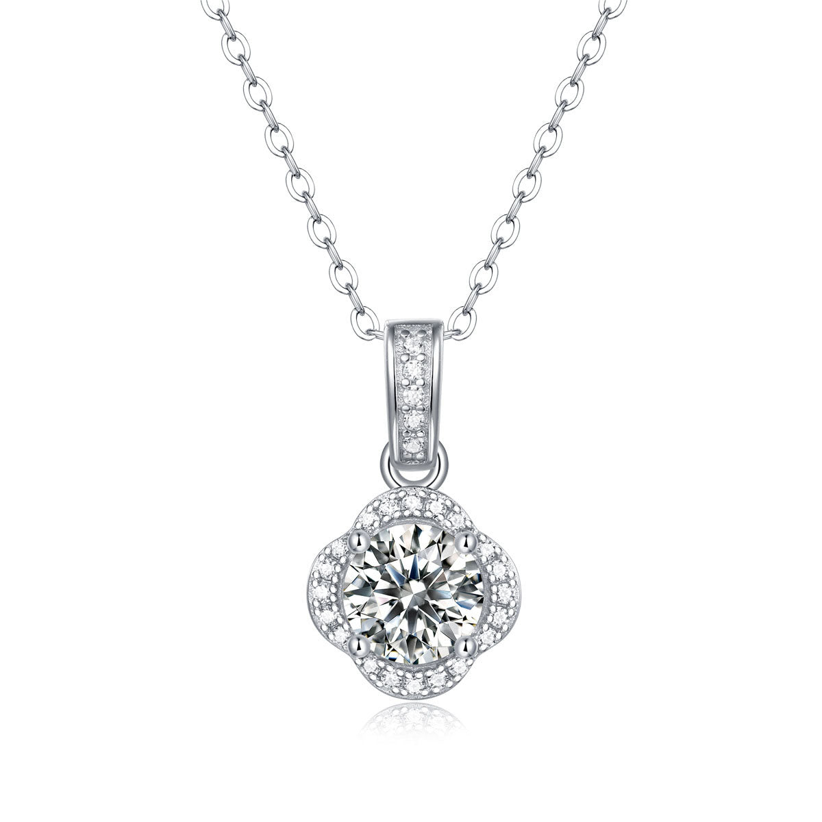 Sweet Moissanite CZ Four Petal Flower 925 Sterling Silver Necklace