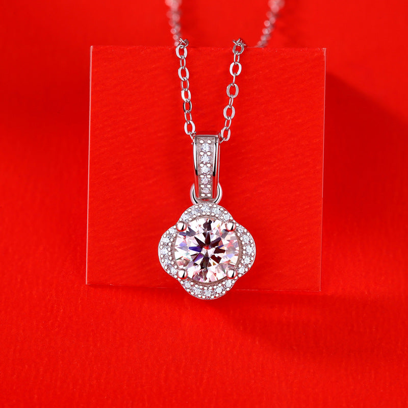 Sweet Moissanite CZ Four Petal Flower 925 Sterling Silver Necklace