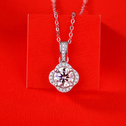 Sweet Moissanite CZ Four Petal Flower 925 Sterling Silver Necklace