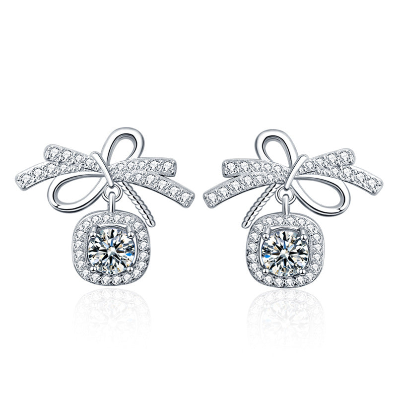 Sweet Bow-knot Moissanite CZ 925 Sterling Silver Stud Earrings