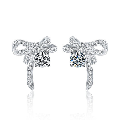 Girl Sweet Moissanite CZ Bow-Knots 925 Sterling Silver Stud Earrings