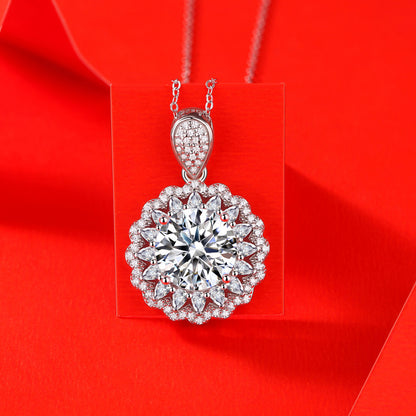 Elegant CZ Border Moissanite Flower 925 Sterling Silver Necklace