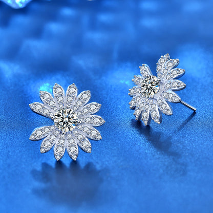 Beautiful Moissanite CZ Daisy Flowers 925 Sterling Silver Stud Earrings