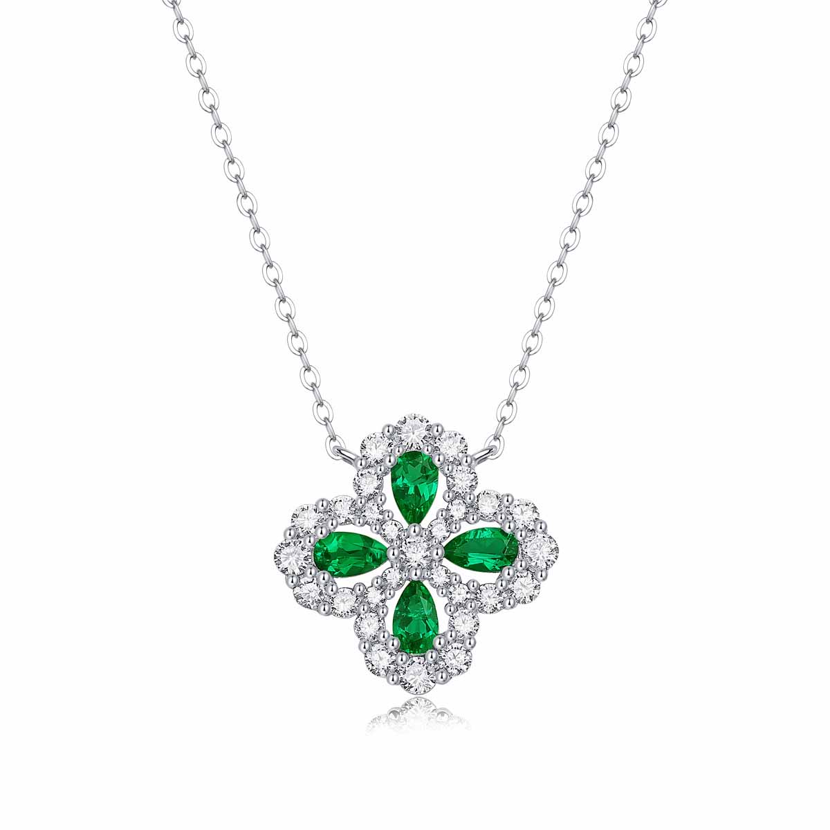 Beautiful CZ Created Emerald Flowers 925 Sterling Silver Necklace