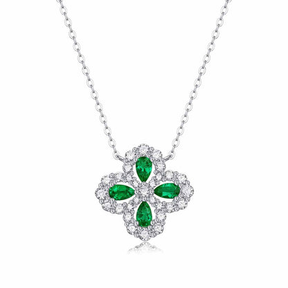 Beautiful CZ Created Emerald Flowers 925 Sterling Silver Necklace