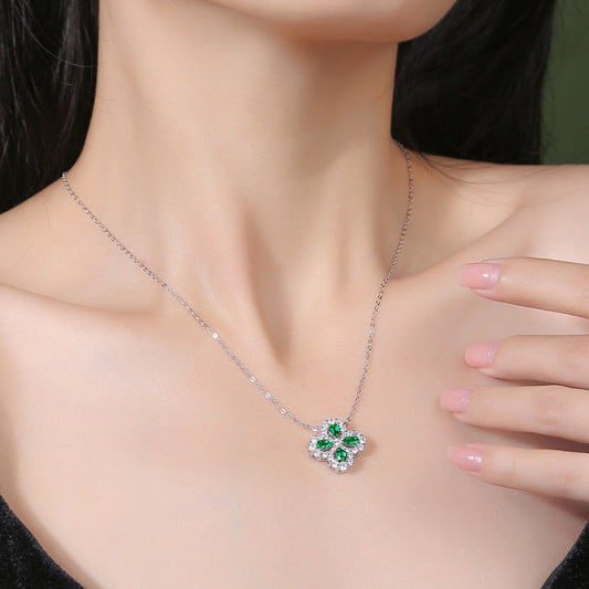 Beautiful CZ Created Emerald Flowers 925 Sterling Silver Necklace