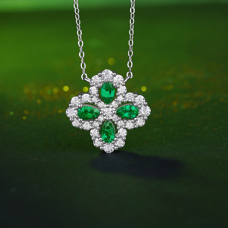 Beautiful CZ Created Emerald Flowers 925 Sterling Silver Necklace