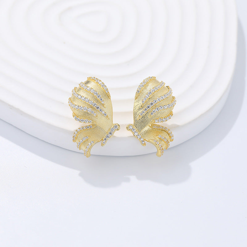 Girl CZ Border Matting Gold Flying Butterfly 925 Sterling Silver Stud Earrings