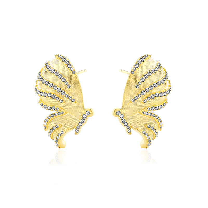 Girl CZ Border Matting Gold Flying Butterfly 925 Sterling Silver Stud Earrings