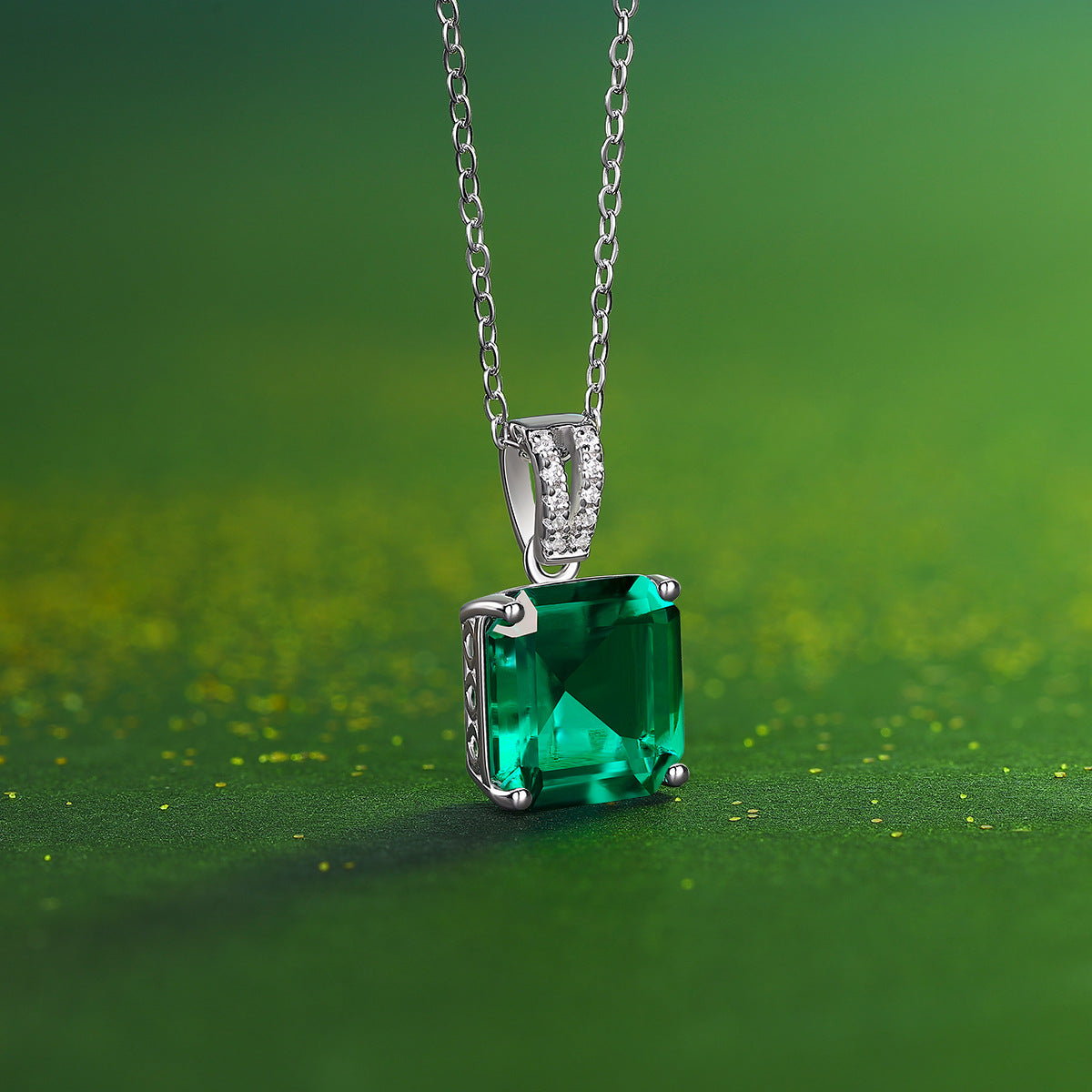 Geometry Simple Created Emerald CZ 925 Sterling Silver Necklace