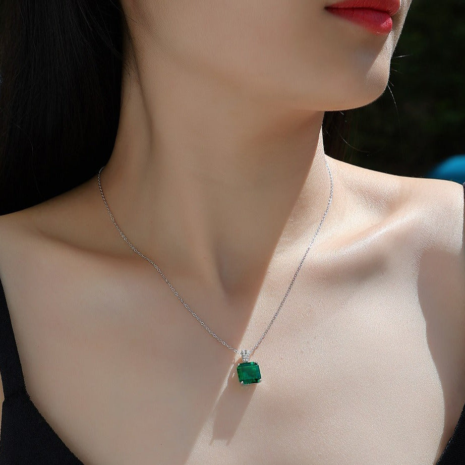 Geometry Simple Created Emerald CZ 925 Sterling Silver Necklace