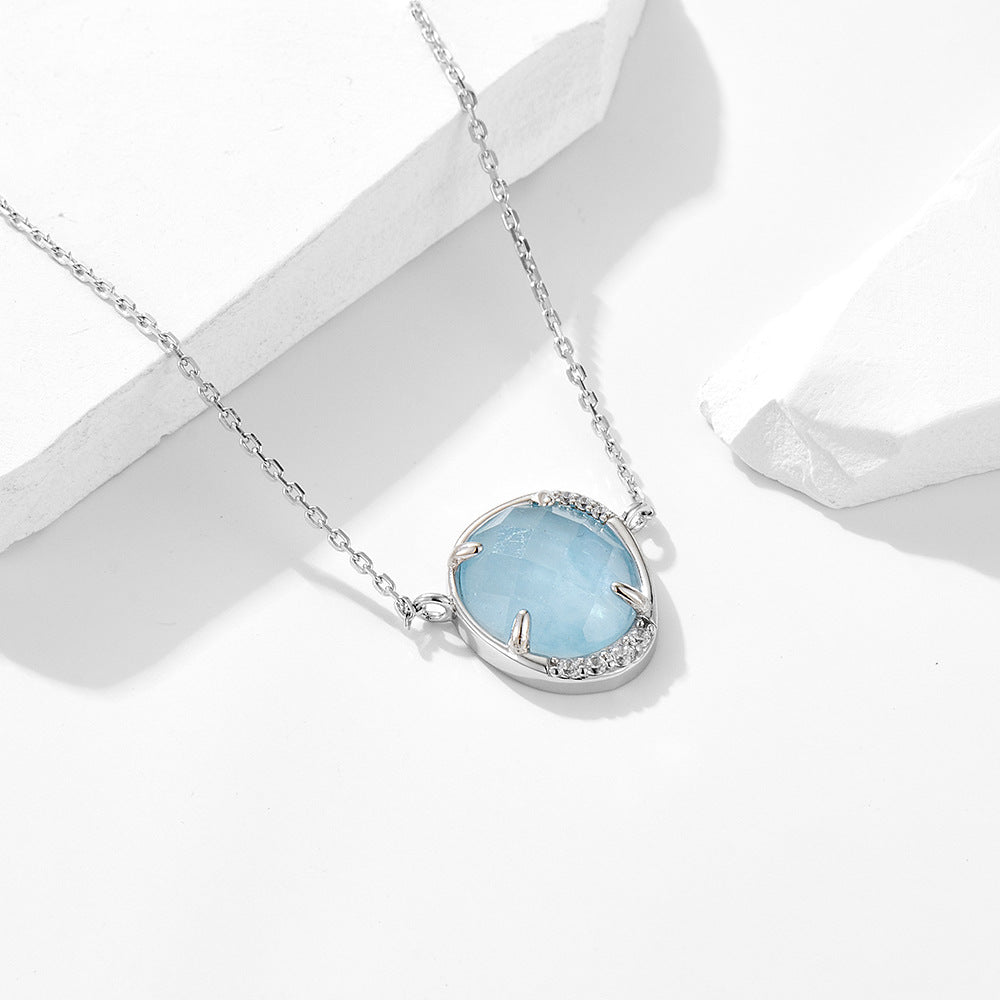 Gift Light Blue Oval Natural Aquamarine CZ 925 Sterling Silver Necklace