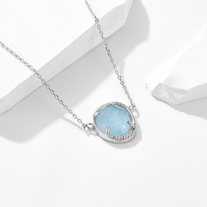 Gift Light Blue Oval Natural Aquamarine CZ 925 Sterling Silver Necklace