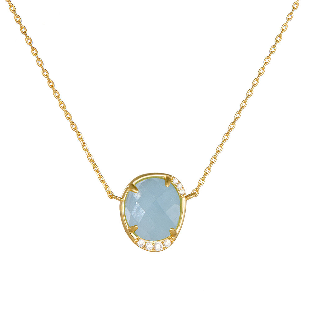 Gift Light Blue Oval Natural Aquamarine CZ 925 Sterling Silver Necklace