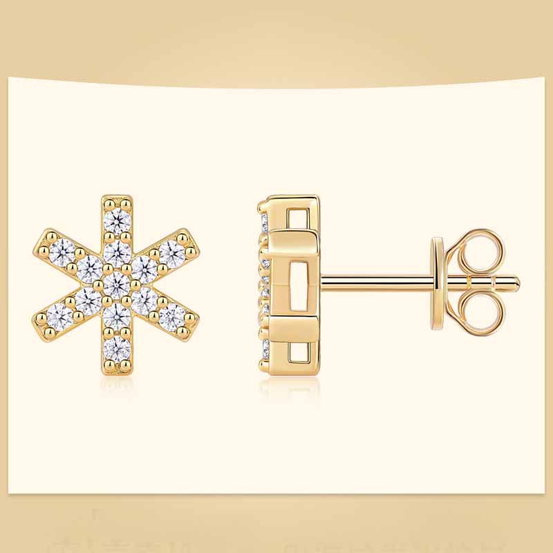 Beautiful Golden Natural Moissanite CZ Snowflake 925 Sterling Silver Stud Earrings