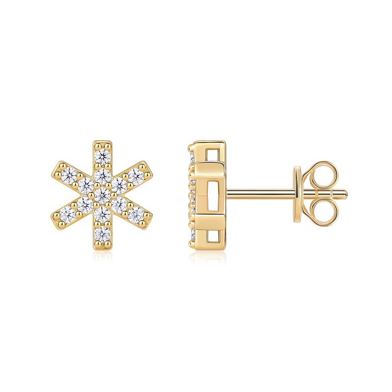 Beautiful Golden Natural Moissanite CZ Snowflake 925 Sterling Silver Stud Earrings