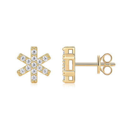 Beautiful Golden Natural Moissanite CZ Snowflake 925 Sterling Silver Stud Earrings