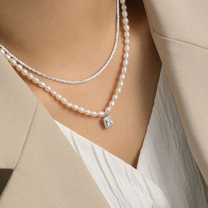 Elegant Natural Pearl Rectangle CZ 925 Sterling Silver Necklace