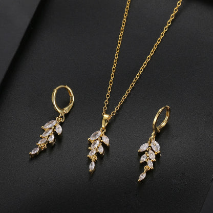 Zirconia Leaf Hook Earrings Necklace Set for Women