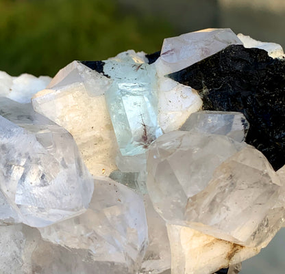 Transparent Blue Color Aquamarine with Quartz, Schorl Tourmaline and Feldspar Specimen from Pakistan - 285 grams