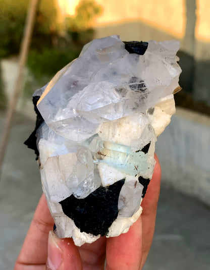 Transparent Blue Color Aquamarine with Quartz, Schorl Tourmaline and Feldspar Specimen from Pakistan - 285 grams