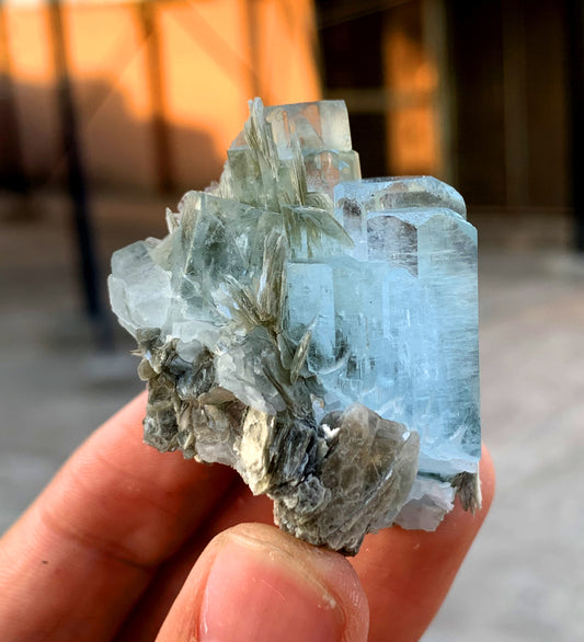 Stunning Blue Aquamarine Cluster on Mica from Nagar valley Pakistan - 58 grams