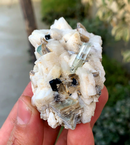 Diamond Cut Blue Aquamarine on Microcline Feldspar and Star Mica