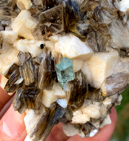 Sky Blue Aquamarine on Microcline Feldspar and Star Mica 306 grams