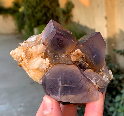 Amazing Purple Blue Cubic Phantom Fluorite with Etched Calcite 377 gram