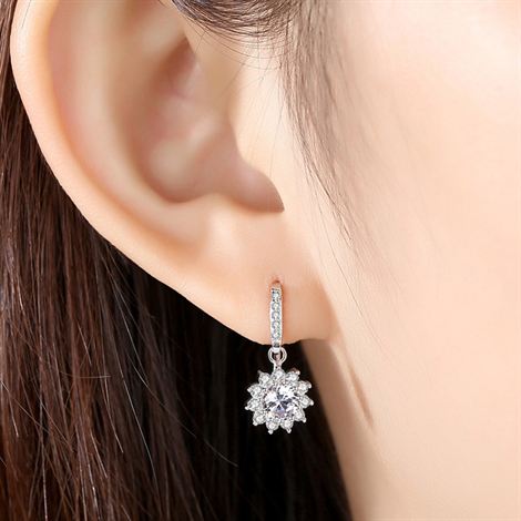 Beautiful CZ/Moissanite Flower 925 Sterling Silver Dangling Earrings