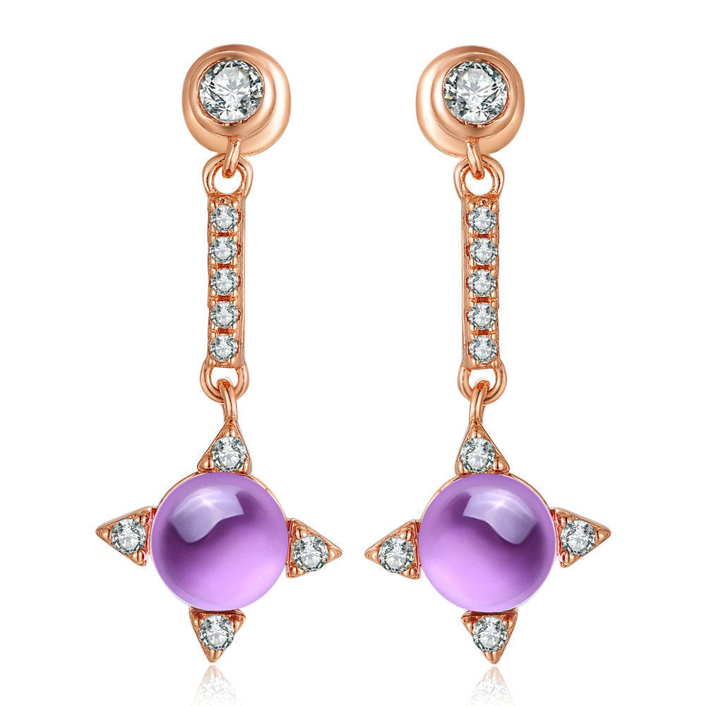 Flower Oval Genuine Amethyst CZ 925 Silver Rose Gold Earrings